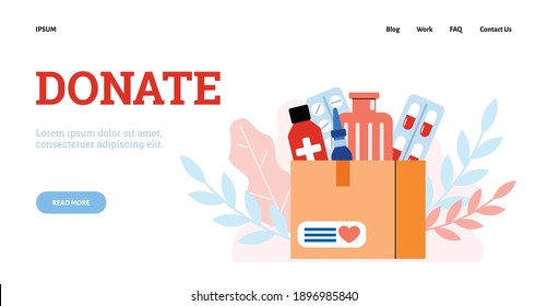 Concept of donation of medical supplies and medicines web banner, cartoon vector flat illustration. Charitable assistance to needy patients and ill people.