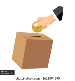 The concept of donations. Hands put money in a donation box. Flat style illustration