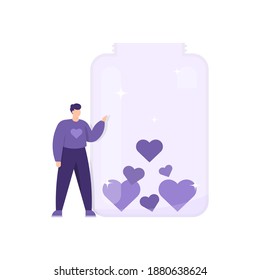 a concept of donations and social assistance. illustration of a male volunteer giving or donating a heart symbol in a jar. provide assistance to the needy. flat style. vector design element
