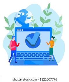 Concept done job, Laptop with checkmark or tick notification, User interface - check in, for web page, banner, presentation, social media. Vector illustration, approved choice, idea of task done,