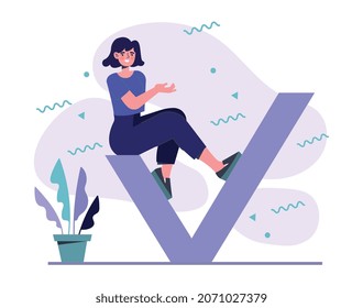 Concept of done project. Girl sitting on check mark, successful employee. Rest after good work, motivation. Woman finished project. Mobile application, banner. Cartoon flat vector illustration