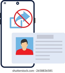 Concepto de no compartir documentos de identidad en Internet. Robo de datos personales, fraude, documentos de perfil de Cuenta del usuario. Datos personales en línea o documento de identidad en Internet. Ilustración vectorial plana.


