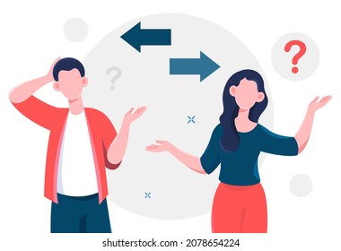 Concept of doubt. Man and girl looking for answers to questions. Character rubs his head with his hands. Internal deadlock, thought processes, difficulties, problems. Cartoon flat vector illustration