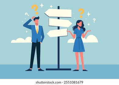 Concept of doubt and uncertainty featuring business people thinking with a question mark, symbolizing contemplation, decision-making, career opportunities, and choosing the right path amidst confusion