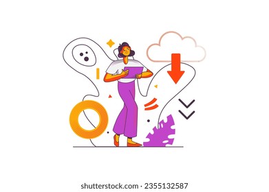 Concept download App with people scene in the flat cartoon style. A young user downloads new applications to a tablet in order to try them out as soon as possible. Vector illustration.