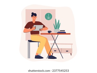 Concept Download app with people scene in the flat cartoon design. The guy downloads new apps to his tablet to keep up with all the digital events. Vector illustration.