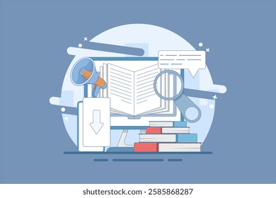 Concept of downloading e-books from the internet, reading e-books, marketing e-books for business promotion. E-book marketing campaign. Flat vector illustration with icons on the background.