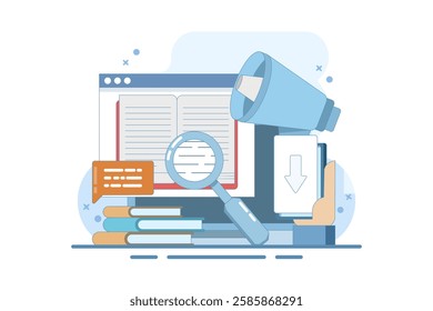 Concept of downloading e-books from the internet, reading e-books, marketing e-books for business promotion. E-book marketing campaign. Flat vector illustration with icons on the background.