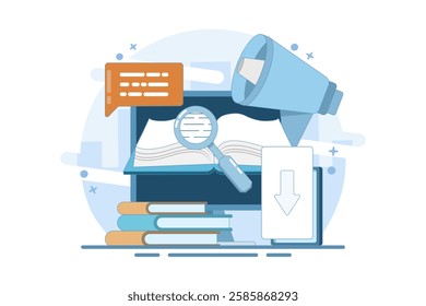 Concept of downloading e-books from the internet, reading e-books, marketing e-books for business promotion. E-book marketing campaign. Flat vector illustration with icons on the background.