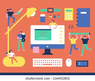 Concept of Downsizing Characters wandering around books with office supplies. flat design style vector graphic illustration set