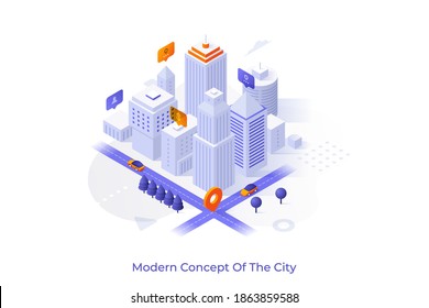 Concept with downtown area, business buildings and skyscrapers. Scene for modern city, urban development and construction, real estate. Isometric vector illustration for website, webpage.