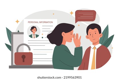 Concept of doxing. Young girl reveals clients personal data, stealing information from company or organization. Fraud, crime and assault. Internet harassment. Cartoon flat vector illustration