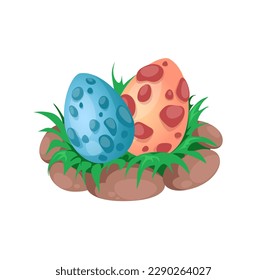 Concept Dragon eggs. This illustration features several colorful dragon eggs on a flat, vector-style design. The eggs are depicted in a cartoon-like manner. Vector illustration.