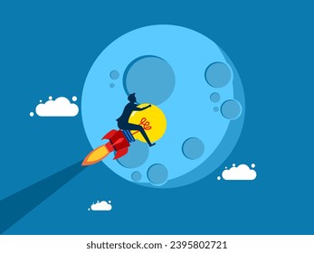 concept of dream mole. Businessman flies on a light bulb rocket to the moon