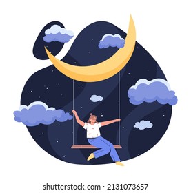 Concept of dreaming. Girl in night starry sky swings on swing. Fantasy and imagination, freedom. Dreams and recuperation. Woman makes wish, goal setting metaphor. Cartoon flat vector illustration