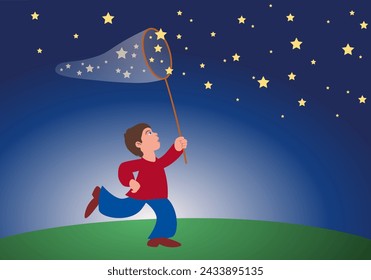 Concepto de sueños e imaginación con el dibujo de un niño que atrapa estrellas con una red.