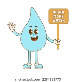 Concept drink more water. Cartoon cute drop water character in retro style. Zero waste. Vector ilustration