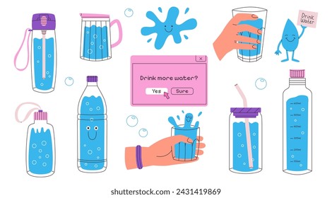 Concept drink more water. Clean water in bottle, glass, jug, sports bottle. Water characters. Correct daily habits, morning rituals. Flat vector illustration set.