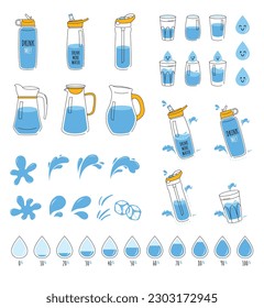 Concept drink more water, drinking water in a thermos and plastic mug, glass bottle. Vector set of various bottles, glass, flask in hand drawn style, correct daily habits, morning rituals. Zero waste