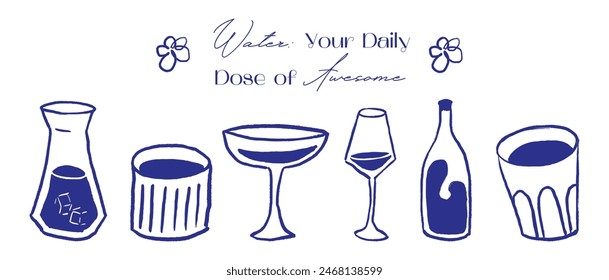Concept drink more water, drinking in a glass and bottle, healthy rituals drink more water vector illustration set, glass bottle. Various bottles, glass, flask in hand drawn style modern isolated