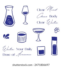 Concept drink more water, drinking in a glass and bottle, healthy rituals drink more water vector illustration set, glass bottle. Various bottles, glass, flask in hand drawn style modern isolated