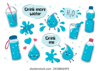 Concept drink more water. Water in glass, plastic bottle,  thermos. Collection of cute water cartoon drops characters. Drinking water vector set. 