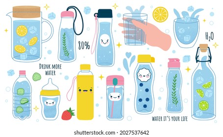 Concept drink more water. Vector set of glass, plastic mug, glass bottle, thermos, jug, jar dispenser with water