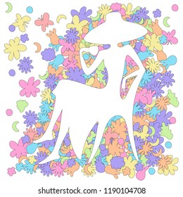Concept drink morning healthful tea woman young long dress hat elegant sitting in chair and drink out cup white silhouette on abstract pattern flowers butterfly background