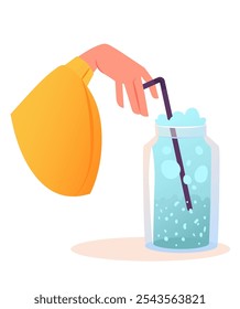 Concept of drinks, cocktails, cafeterias and coffee. Hand with drink of blue color in a fashionable jar with straw and lush foam. Milkshake, ice cream. Concept of delivery of coffee or drink