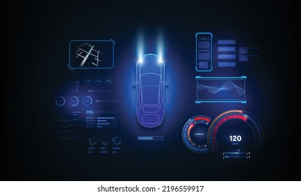 Concept for driver assistance systems. Autonomous car. Driverless car. Self driving vehicle. Future concepts smart auto. HUD, GUI, hologram