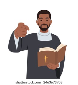 Concept of Driving Out the Devil and Evil Spirits. Pointing and holding bible. Flat vector illustration isolated on white background