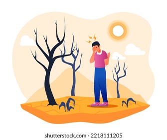 Concept of drought. Man stands in desert next to dead trees and suffers from very hot weather. Global world problems, climate crisis and rising temperatures. Cartoon flat vector illustration
