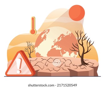 Concepto de sequía. Problemas de crecimiento de suelos y plantas debido a anomalías de calor. Problemas naturales y ambientales, cambio climático, problemas mundiales y condiciones meteorológicas extremas. Dibujo vectorial plano de dibujos animados