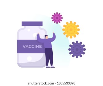 a concept of drug against viruses or protection from disease. illustration of a man using a vaccine to protect himself from the corona virus or covid 19. improves immunity. flat style. vector design