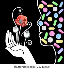 The concept of drug (opiate) problems. Suitable for invitation, flyer, sticker, poster, banner, card, label, cover, web. Vector illustration.