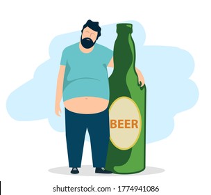 The concept of drunkenness. Drunk fat man hugs a bottle of beer. Unhealthy lifestyle. Vector illustration