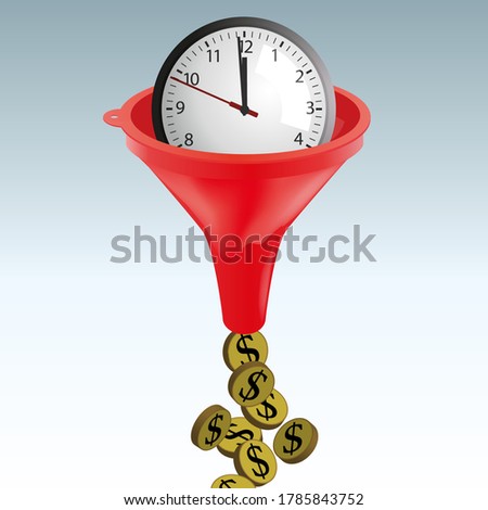 Concept du temps c’est de l’argent, avec le symbole d’une horloge qui se transforme en dollars en passant dans un entonnoir.