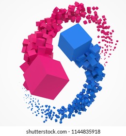 concept of duality. balance and harmony between two themes. cubes moving on air. 3d style vector illustration