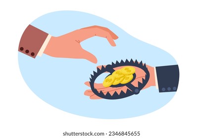 Concept of dubious proposition, businessman takes money from trap, risking an unfair deal. Doubtful startup or project. Financial or investment problems vector cartoon flat style illustration