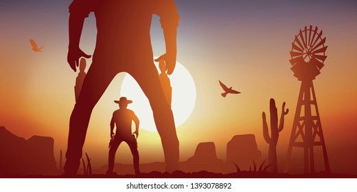 Concept of the duel in the wild west in the United States, with a tragic face to face between two cowboys. They are armed with their revolver and ready to open fire