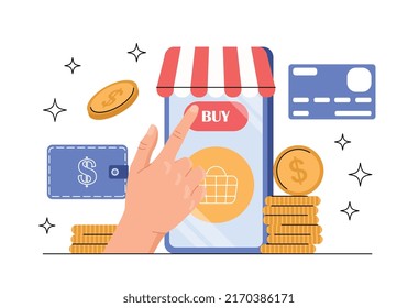 Concept of E commerce and online shopping. Customer or consumer hand presses buy button on smartphone screen. Character makes purchases remotely using mobile app. Cartoon flat vector illustration