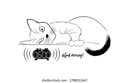 Concept - early morning, alarm rings, Wake up, get out of bed, go to work. The character is a funny comical cat who doesn't want to Wake up in the morning. Vector isolated sketch in lines.