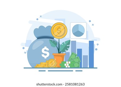 Concept Earn money to get rich, increase income and profit, investment profit growth, financial advisor or wealth management. watering money tree with big arrow. flat vector illustration.