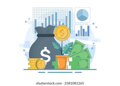 Concept Earn money to get rich, increase income and profit, investment profit growth, financial advisor or wealth management. watering money tree with big arrow. flat vector illustration.