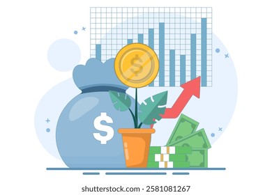 Concept Earn money to get rich, increase income and profit, investment profit growth, financial advisor or wealth management. watering money tree with big arrow. flat vector illustration.