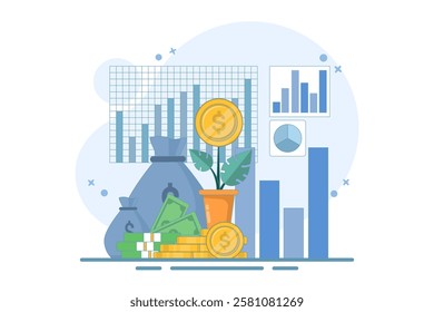 Concept Earn money to get rich, increase income and profit, investment profit growth, financial advisor or wealth management. watering money tree with big arrow. flat vector illustration.