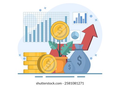 Concept Earn money to get rich, increase income and profit, investment profit growth, financial advisor or wealth management. watering money tree with big arrow. flat vector illustration.