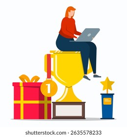 Concept or earn reward loyalty or business award concept. Woman sitting and holding winner cup. Reward program and receiving bonus.