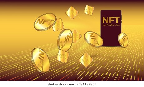 Concepto de ganancia de dólares estadounidenses en un token no fungible de NFT. Tokens de oro y monedas de oro únicas de dólares estadounidenses salen volando desde el teléfono móvil en flujo digital. Plantilla colorida para banner o juego.