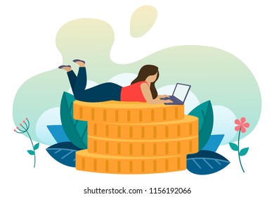The concept of earning online. Distant work on a laptop, woman freelancer makes money working on the Internet. Vector